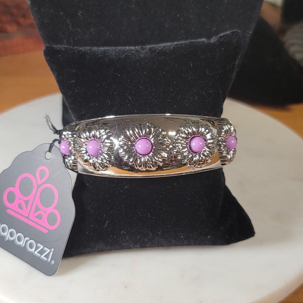 Paparazzi Silver Floral Hinge Bangle with Purple Centers